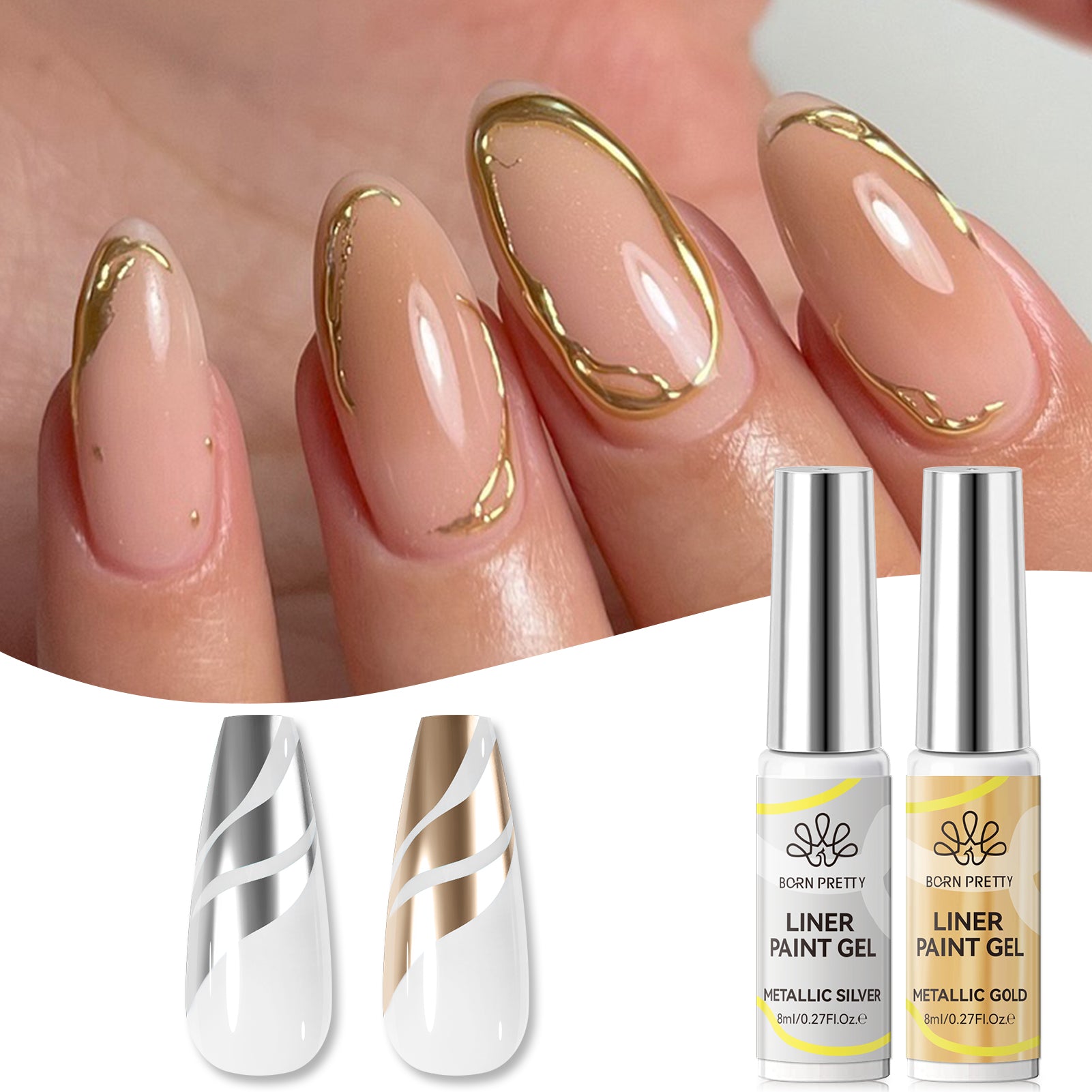 2 Bottles Mirror Effect Metal Silver & Gold Liner Gel 8ml Gel Nail Polish BORN PRETTY 