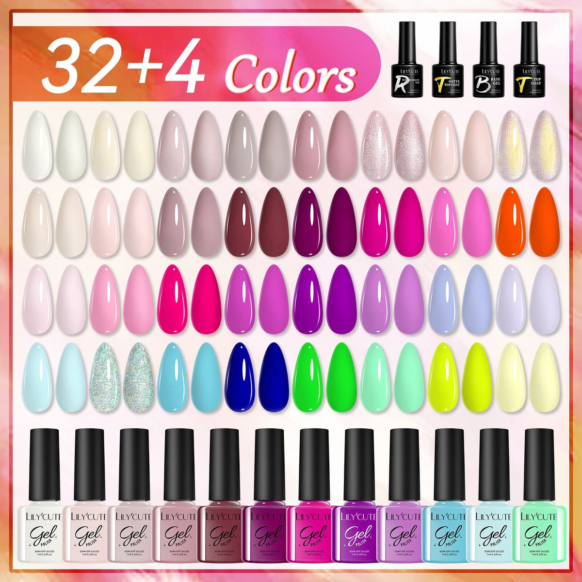 32 Colors Gel with 4pcs Base Top Coat Set #02 7ml