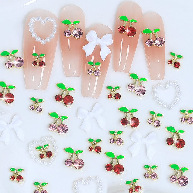 24pcs 3D Heart Bowknot Cherry Nail Decorations Mixed Rhinestones Charms Nail Decoration No Brand 