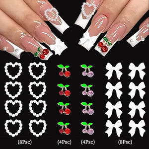 24pcs 3D Heart Bowknot Cherry Nail Decorations Mixed Rhinestones Charms Nail Decoration No Brand 