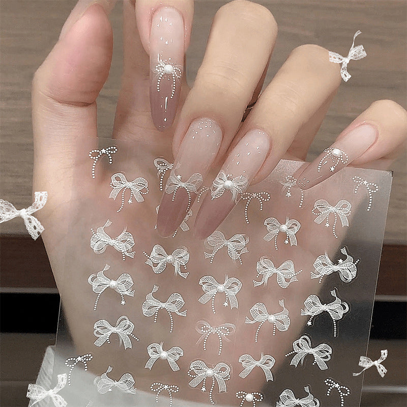 White Lace Bowknot 3D Self Adhesive Nail Stickers #02