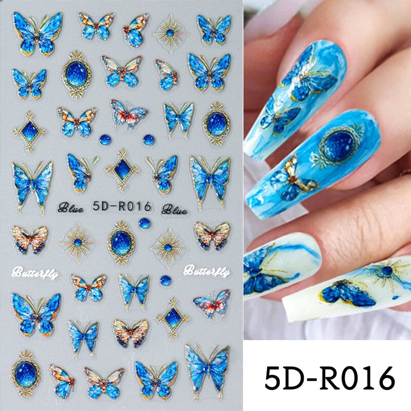 Blue Butterfly Embossed 5D Nail Stickers 5D-R016 #01 Nail Sticker No Brand 