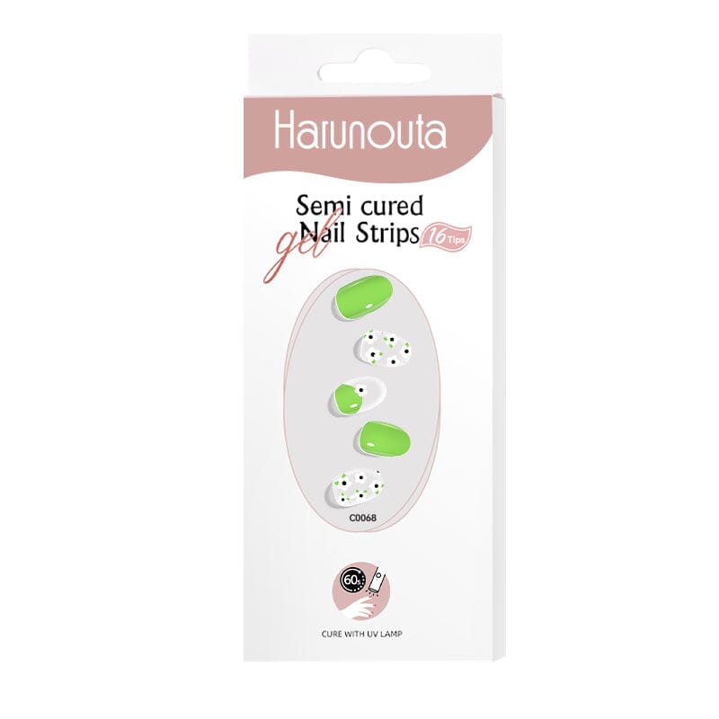 16 Tips White Flowers Green Semi-cured Gel Nail Wraps C0068 Nail Sticker Harunouta 