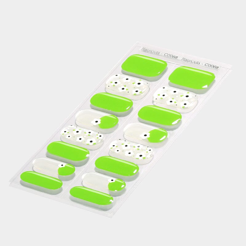 16 Tips White Flowers Green Semi-cured Gel Nail Wraps C0068 Nail Sticker Harunouta 