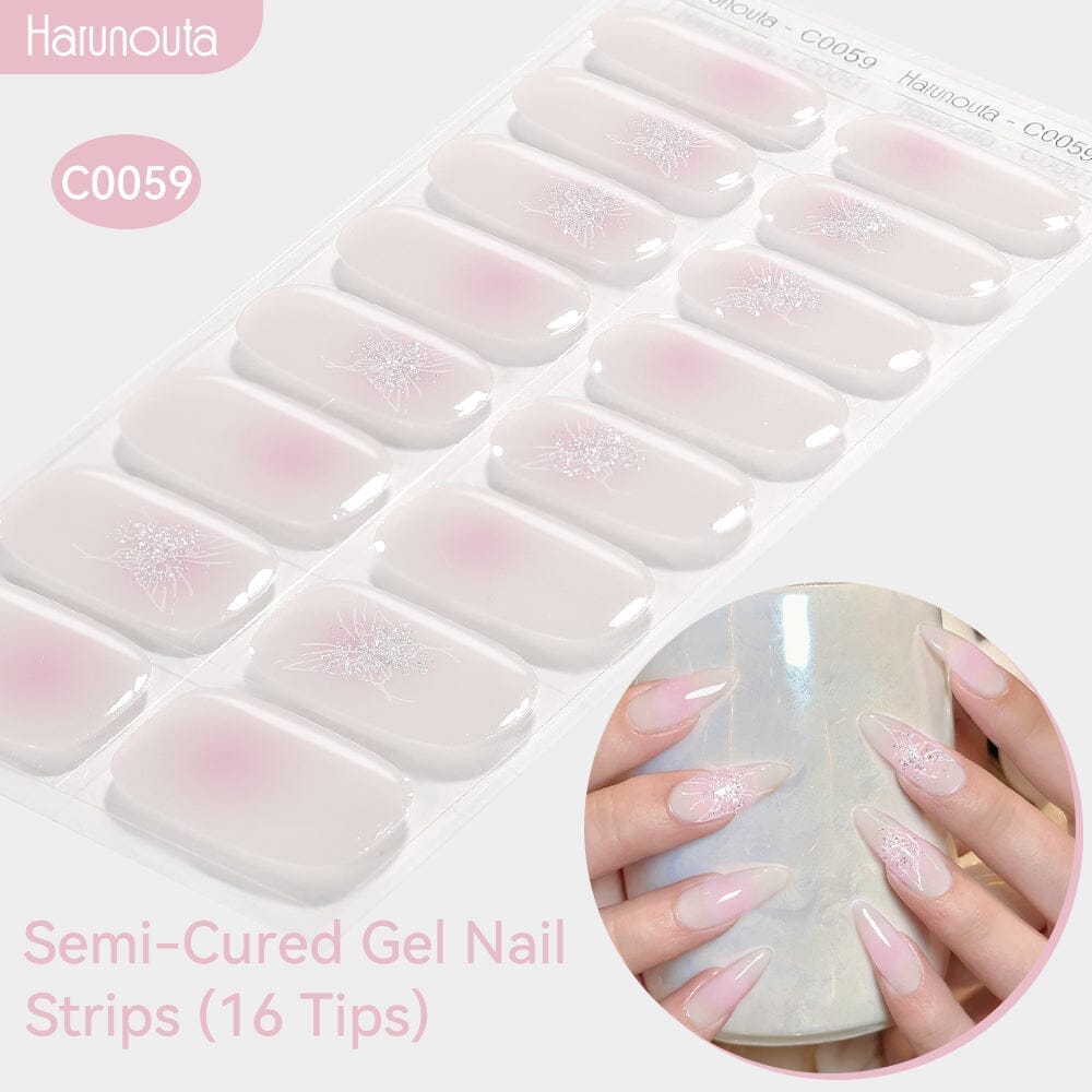 16 Tips Pink Glitter Butterfly Semi-cured Gel Nail Wraps C0059 Nail Sticker Harunouta 
