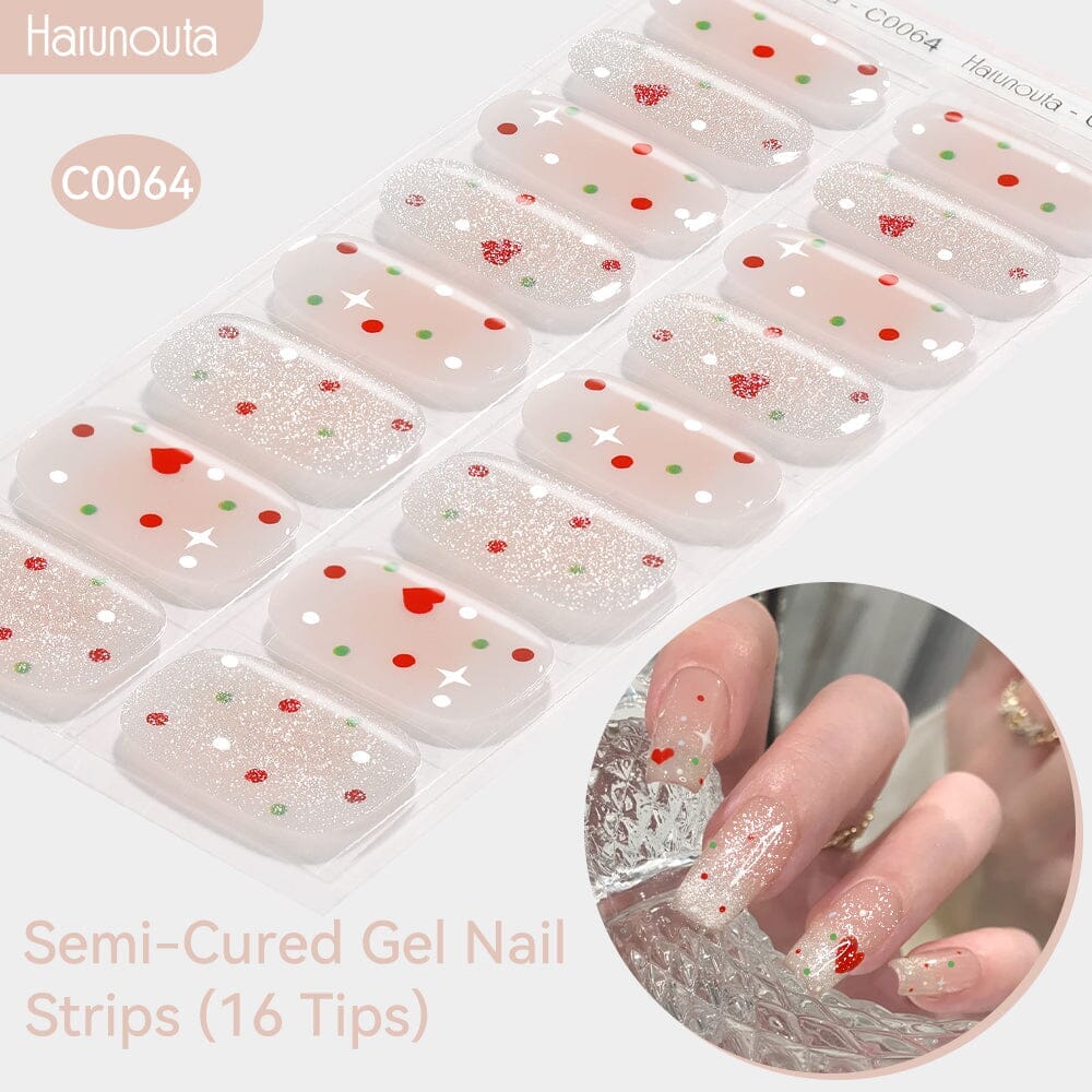 16 Tips Red Heart Dots Glitter Semi-cured Gel Nail Wraps C0064 Nail Sticker Harunouta 