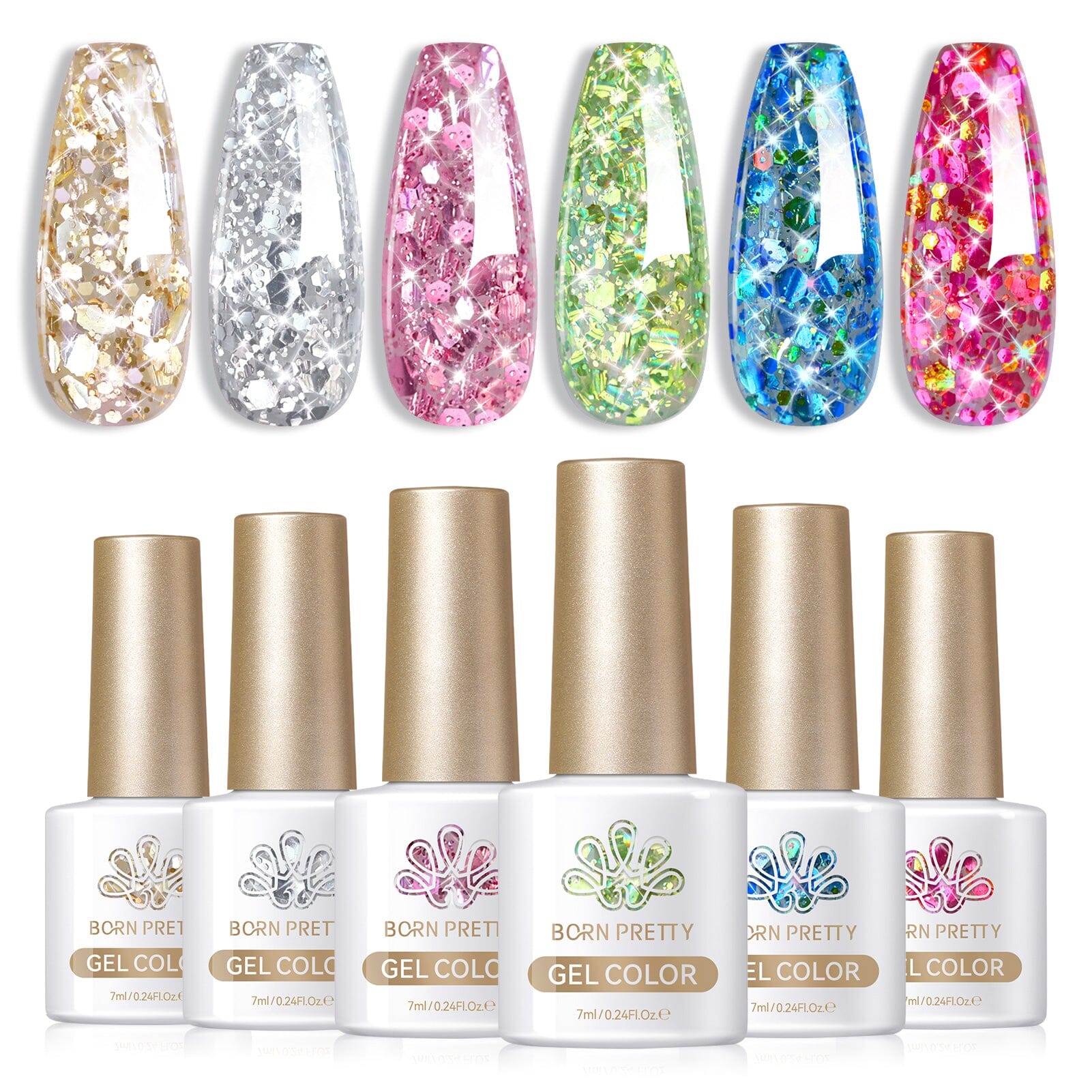 6 Colors Gold Silver Sequins Glitter Gel Polish Set S13 Holiday 7ml Gel Nail Polish BORN PRETTY 