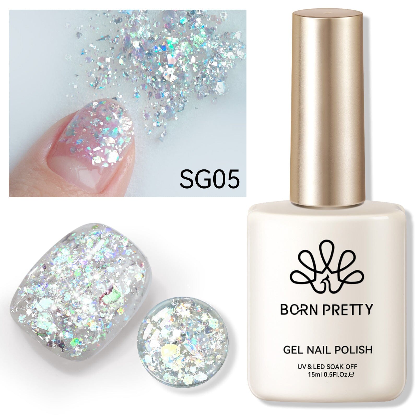 Silver Colorful Sequins Glitter Gel Polish SG05 Wish 15ml Gel Nail Polish BORN PRETTY 