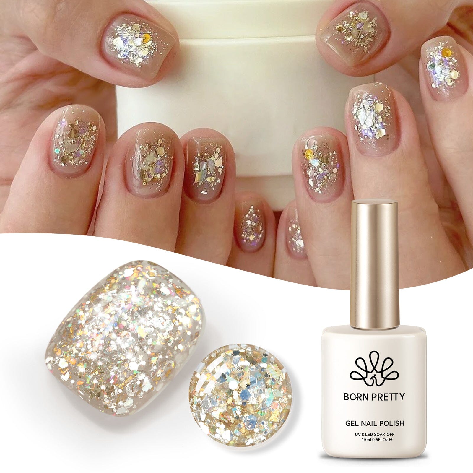 Gold Colorful Sequins Glitter Gel Polish SG06 Sparkle Fly 15ml Gel Nail Polish BORN PRETTY 