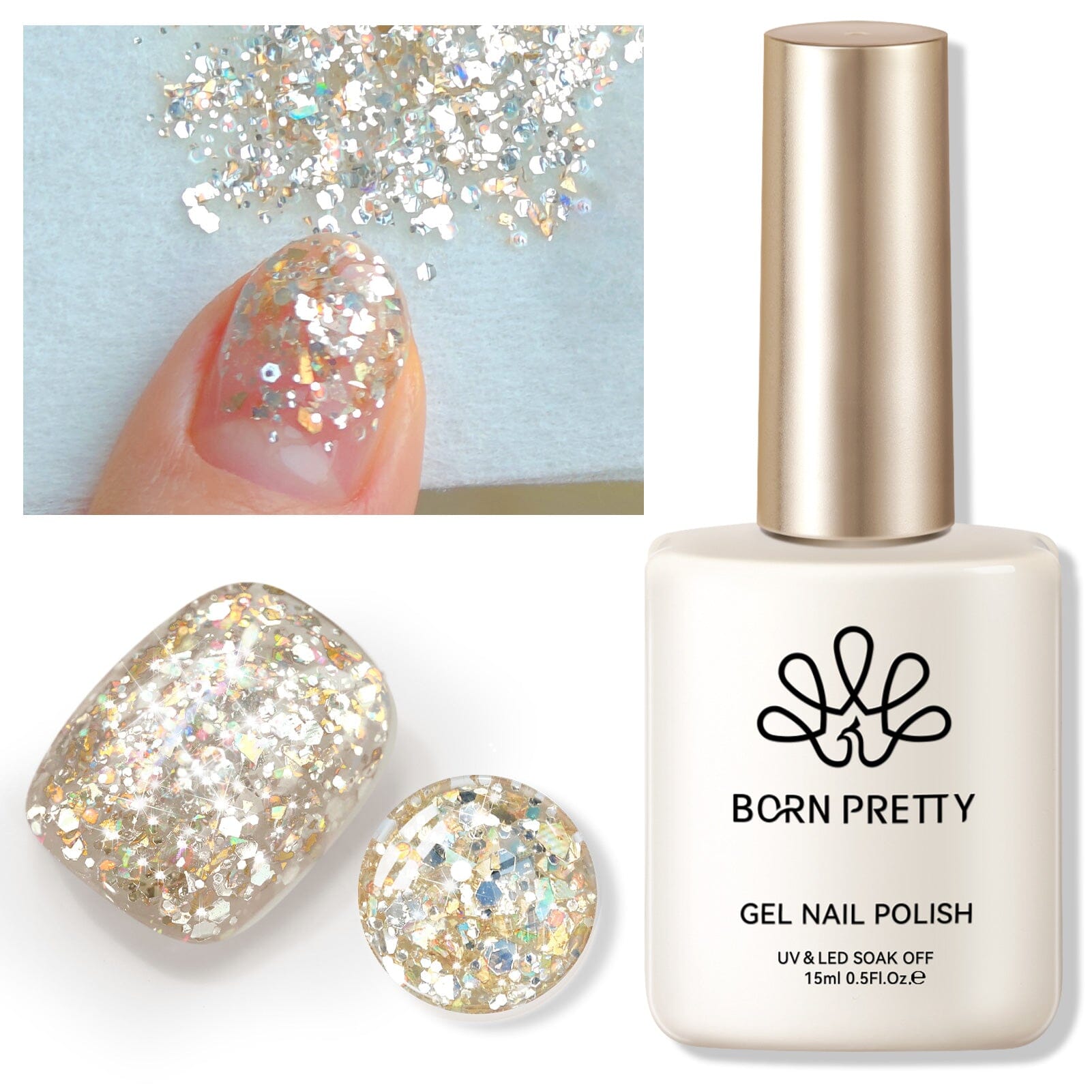 Gold Colorful Sequins Glitter Gel Polish SG06 Sparkle Fly 15ml Gel Nail Polish BORN PRETTY 