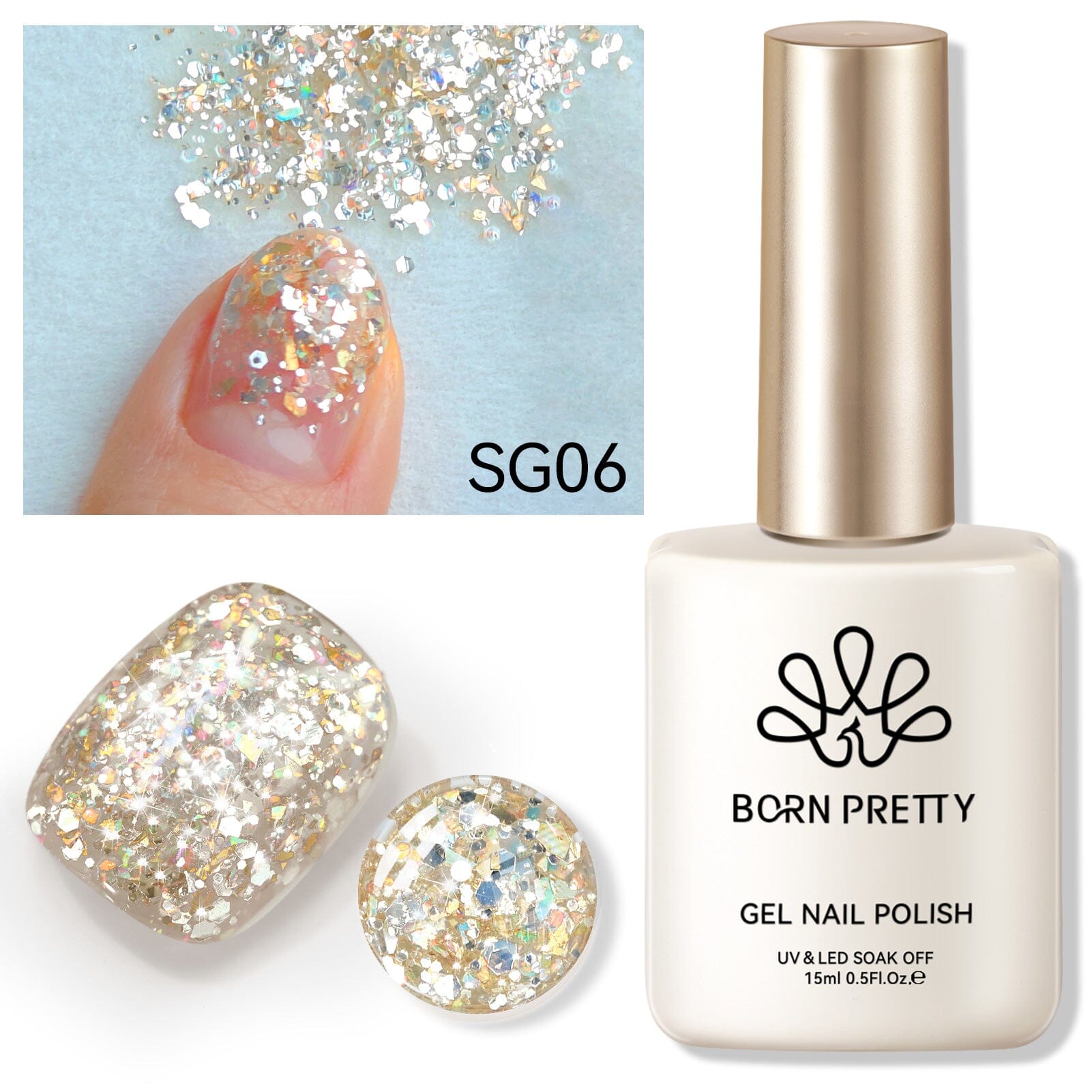 Gold Colorful Sequins Glitter Gel Polish SG06 Sparkle Fly 15ml Gel Nail Polish BORN PRETTY 