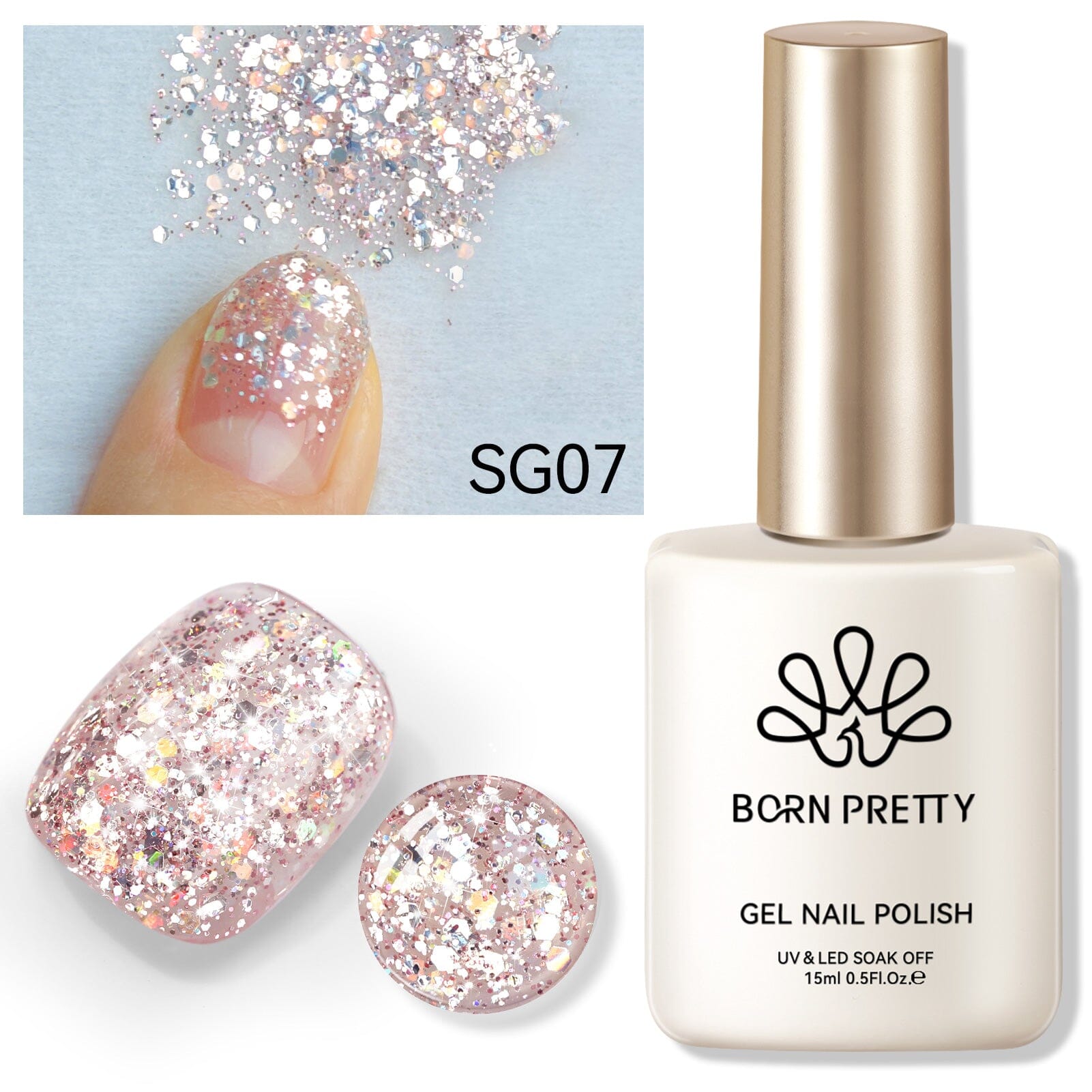 Pink Colorful Sequins Glitter Gel Polish SG07 Pink Crystal 15ml Gel Nail Polish BORN PRETTY 