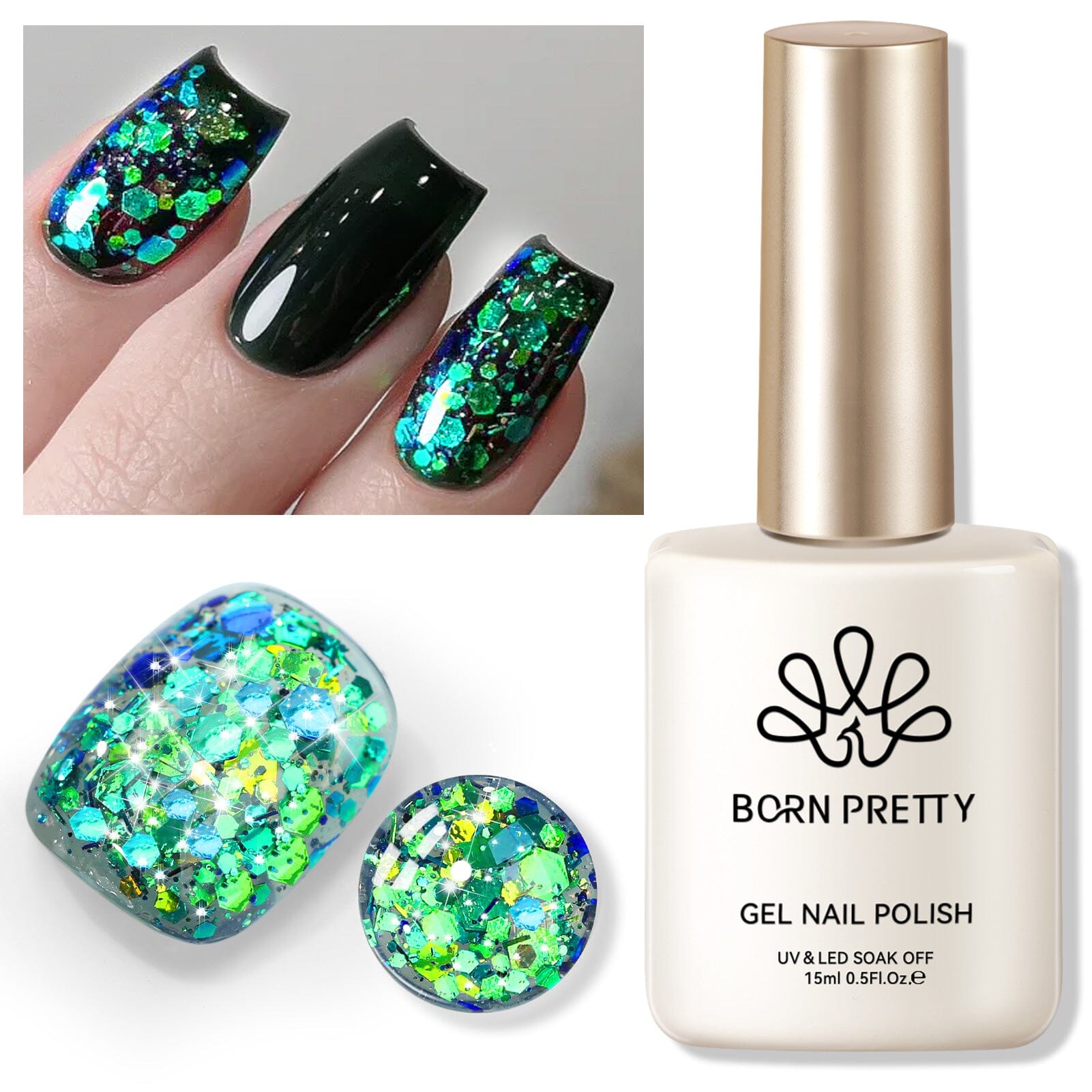 Green Colorful Sequins Glitter Gel Polish SG11 Peacock 15ml Gel Nail Polish BORN PRETTY 