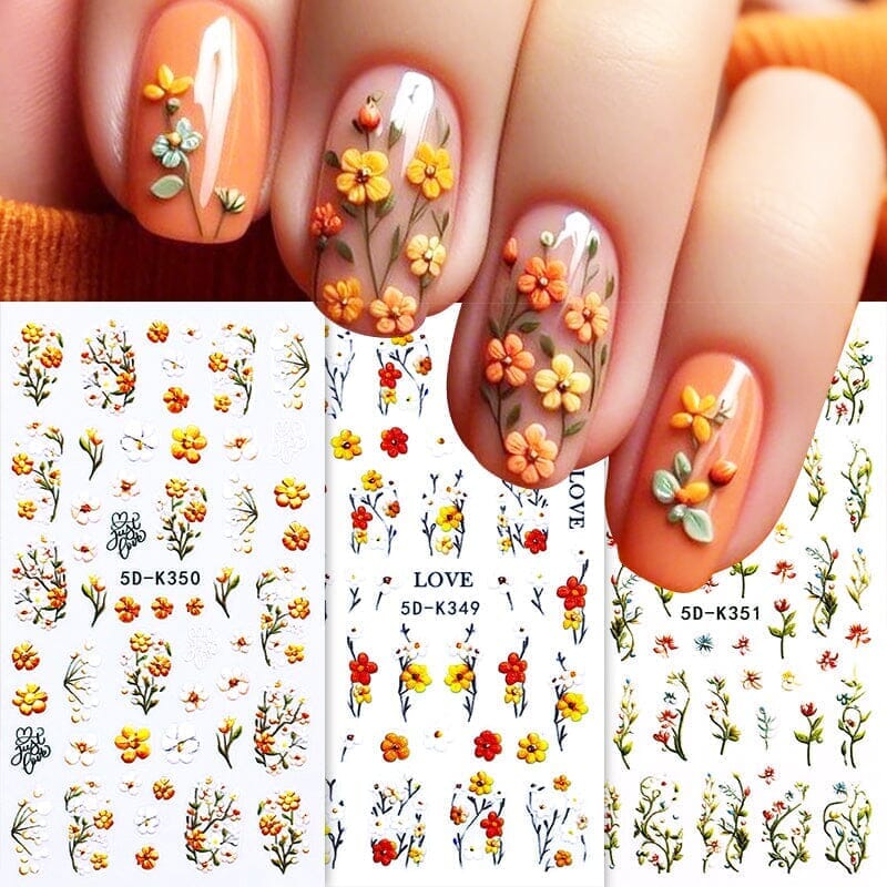 White Green Flowers Plants 5D Nail Stickers 5D-K351 Nail Sticker No Brand 