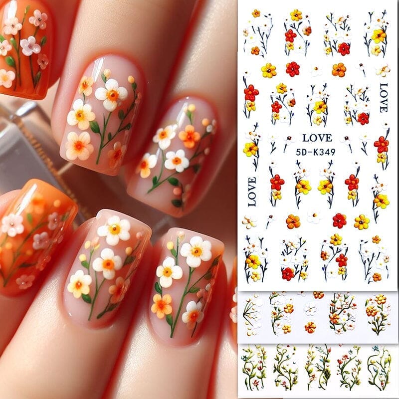 White Yellow Daisy Flowers 5D Nail Stickers 5D-K350 Nail Sticker No Brand 