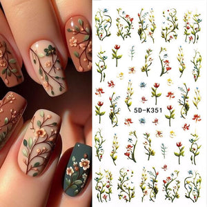 White Green Flowers Plants 5D Nail Stickers 5D-K351 Nail Sticker No Brand 