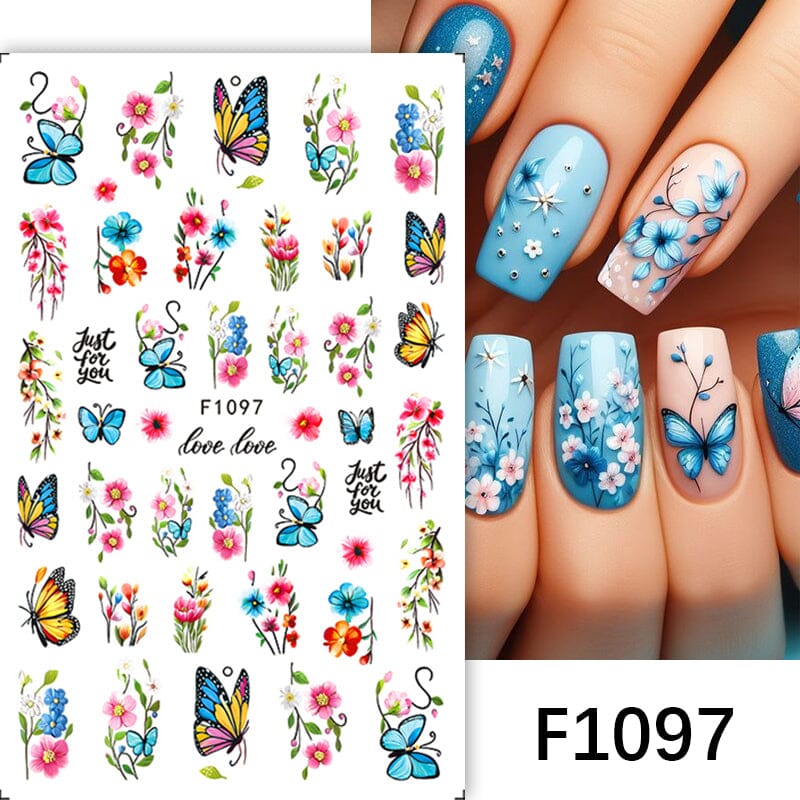 Blue Butterfly Flowers 3D Nail Stickers F1097 Nail Sticker No Brand 