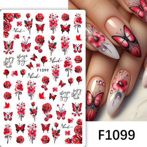 Red Butterfly Flowers 3D Nail Stickers F1099 Nail Sticker No Brand 