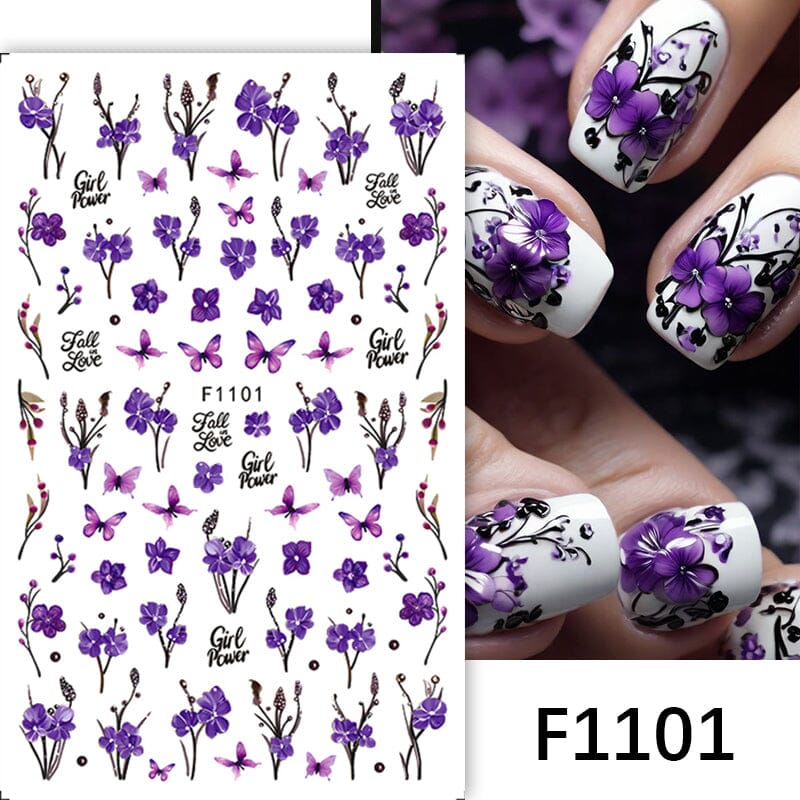 Purple Butterfly Flowers 3D Nail Stickers F1101 Nail Sticker No Brand 