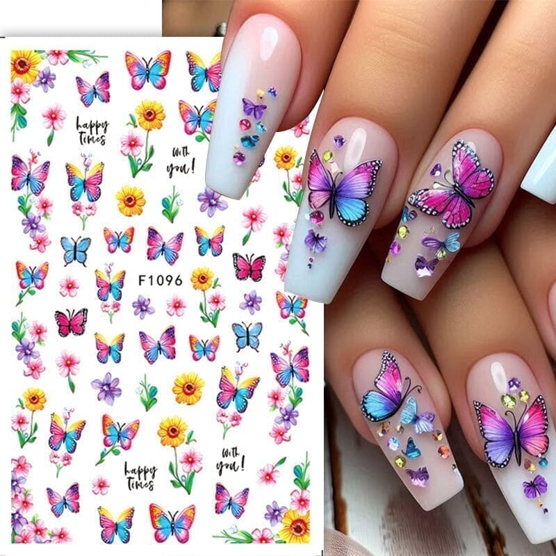 Pink Butterfly Flowers 3D Nail Stickers F1098 Nail Sticker No Brand 