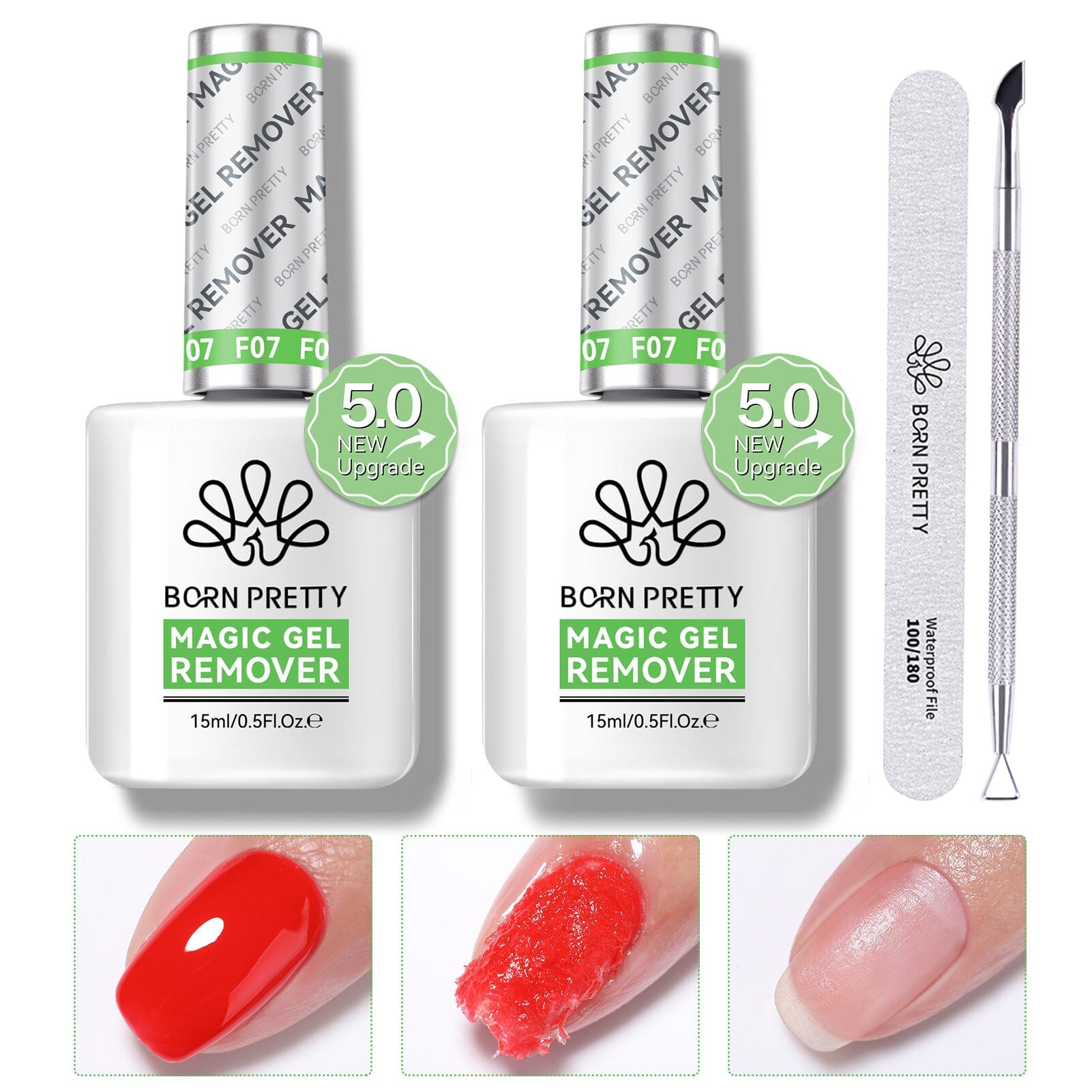 2 Bottles Magic Gel Remover New Upgrade Acetone-Free 15ml with Tools Kit #06 Gel Nail Polish BORN PRETTY 