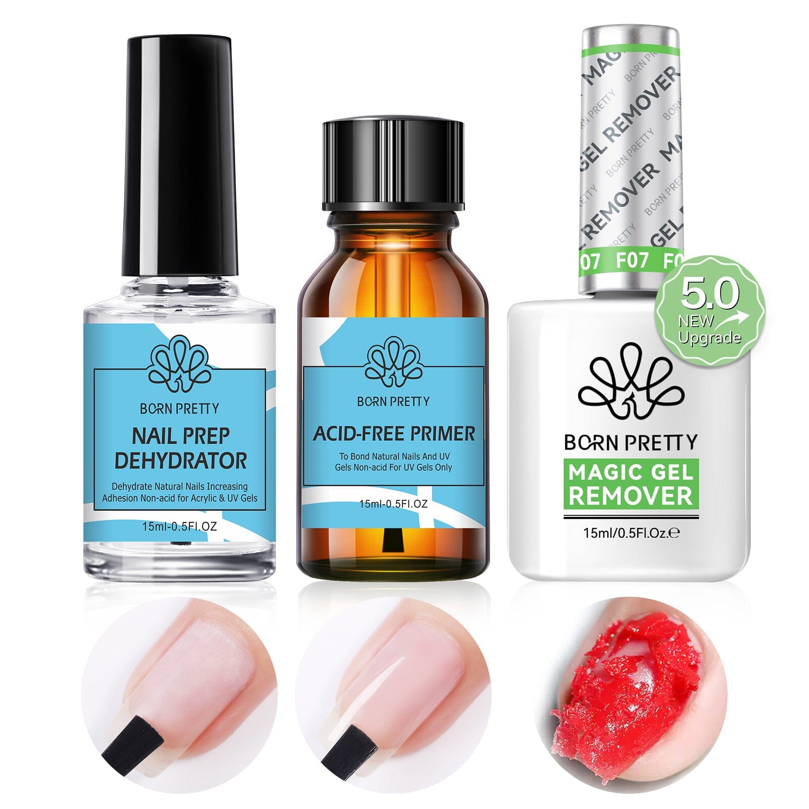 3 Bottles Set Magic Gel Remover with Nail Prep Dehydrator Primer Kit 15ml Gel Nail Polish BORN PRETTY 