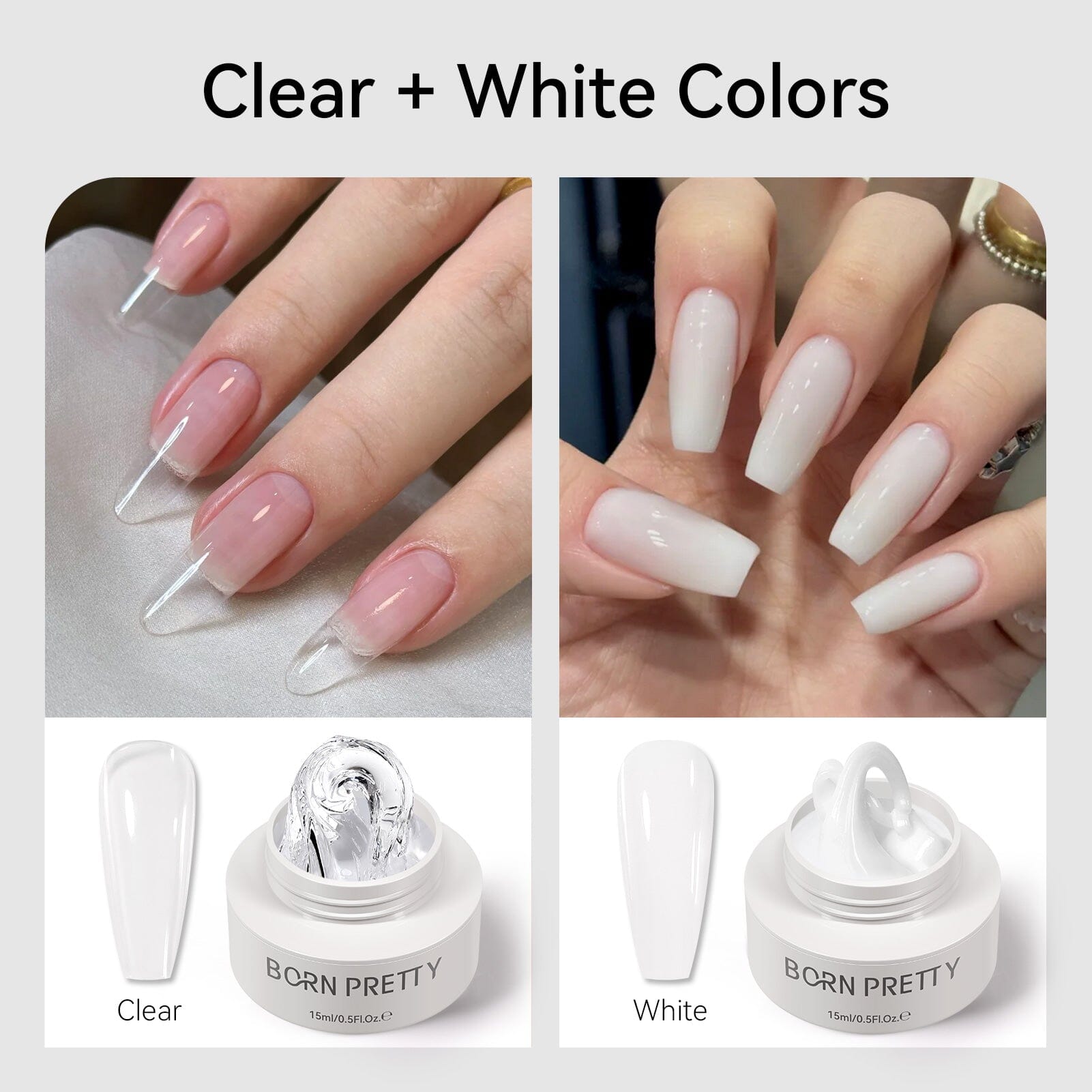 Clear & White Non Stick Hand Extension Nail Kit 15ml Extension Nail Gel BORN PRETTY 