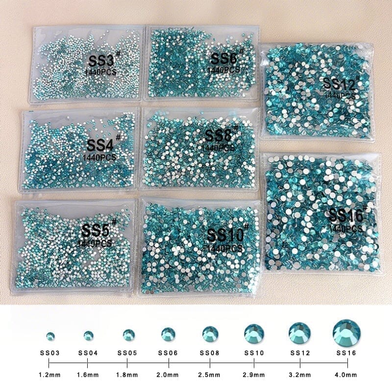 1440pcs Lake Blue Flatback Round Nail Art Rhinestones SS3-SS16 Nail Decoration No Brand 