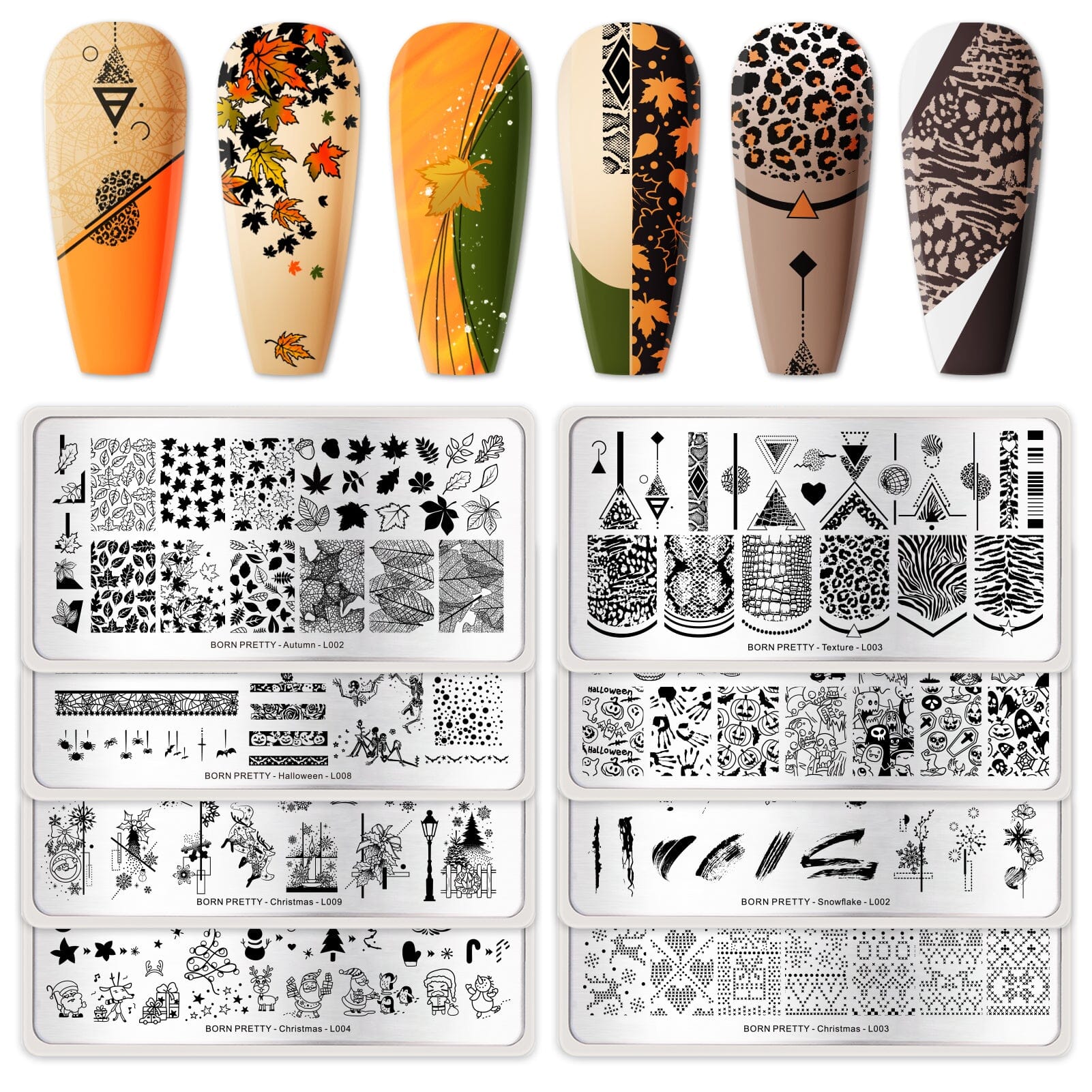 [US ONLY] 8pcs Autumn Winter Nail Stamping Plates Set Christmas Halloween Holiday Nails Kits & Bundles BORN PRETTY 